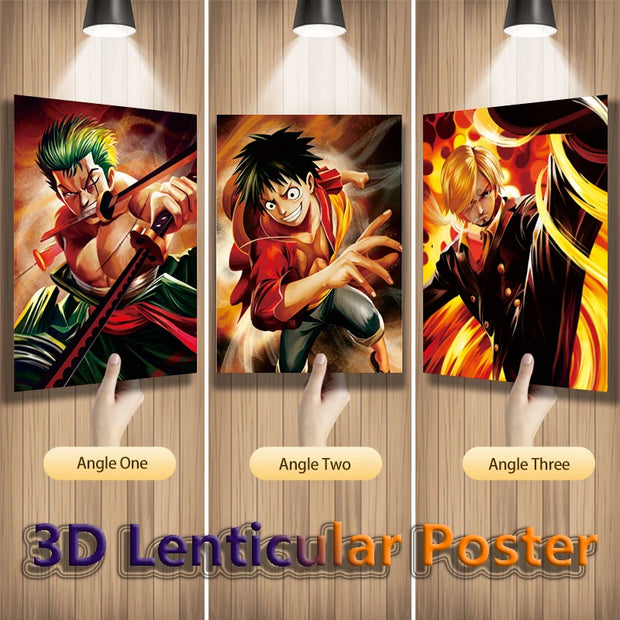 Poster One Piece en Relief 3D – Zoro, Luffy & Sanji | Effet Lenticulaire 🏴‍☠️
