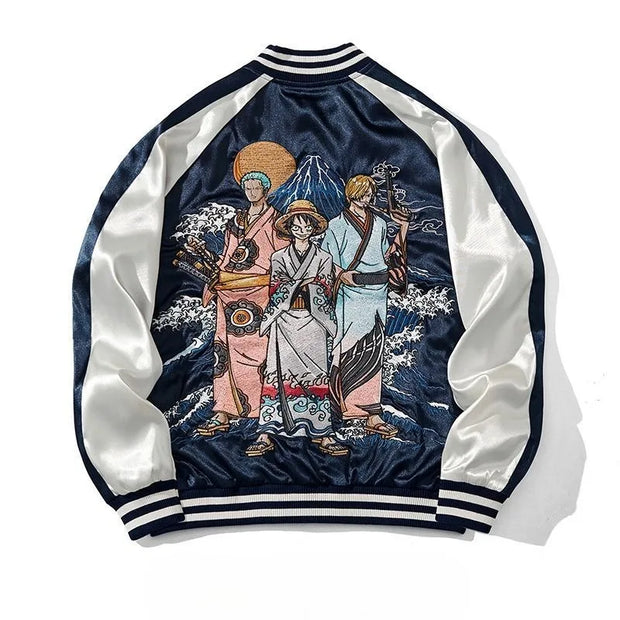 🧥 Veste Brodée One Piece Wano – Zoro, Sanji & Luffy | Style Japonais 🏴‍☠️
