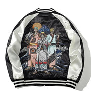 🧥 Veste Brodée One Piece Wano – Zoro, Sanji & Luffy | Style Japonais 🏴‍☠️