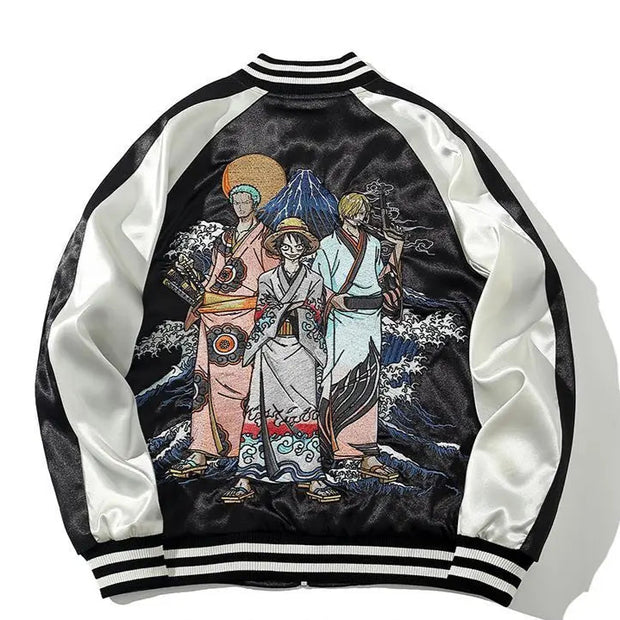🧥 Veste Brodée One Piece Wano – Zoro, Sanji & Luffy | Style Japonais 🏴‍☠️