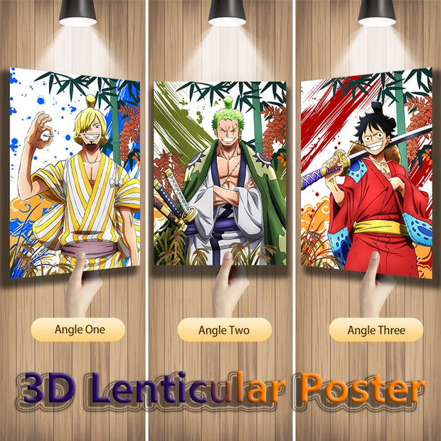 Poster One Piece Wano en Relief 3D - Luffy, Zoro & Sanji | Effet Lenticulaire 🏴‍☠️